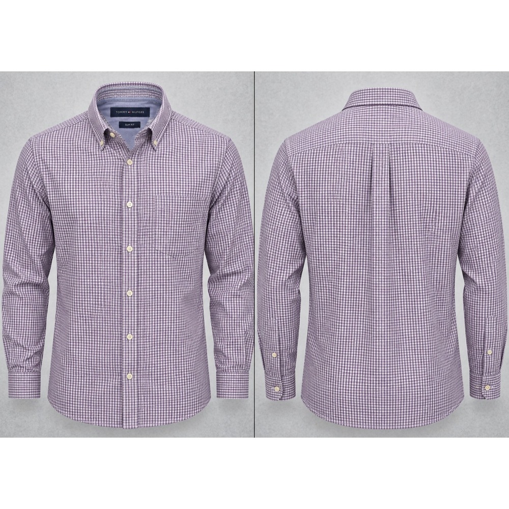 Tommy Hilfiger Shirt Mens 16 34/35 Purple Micro Check Slim Fit 100% Cotton